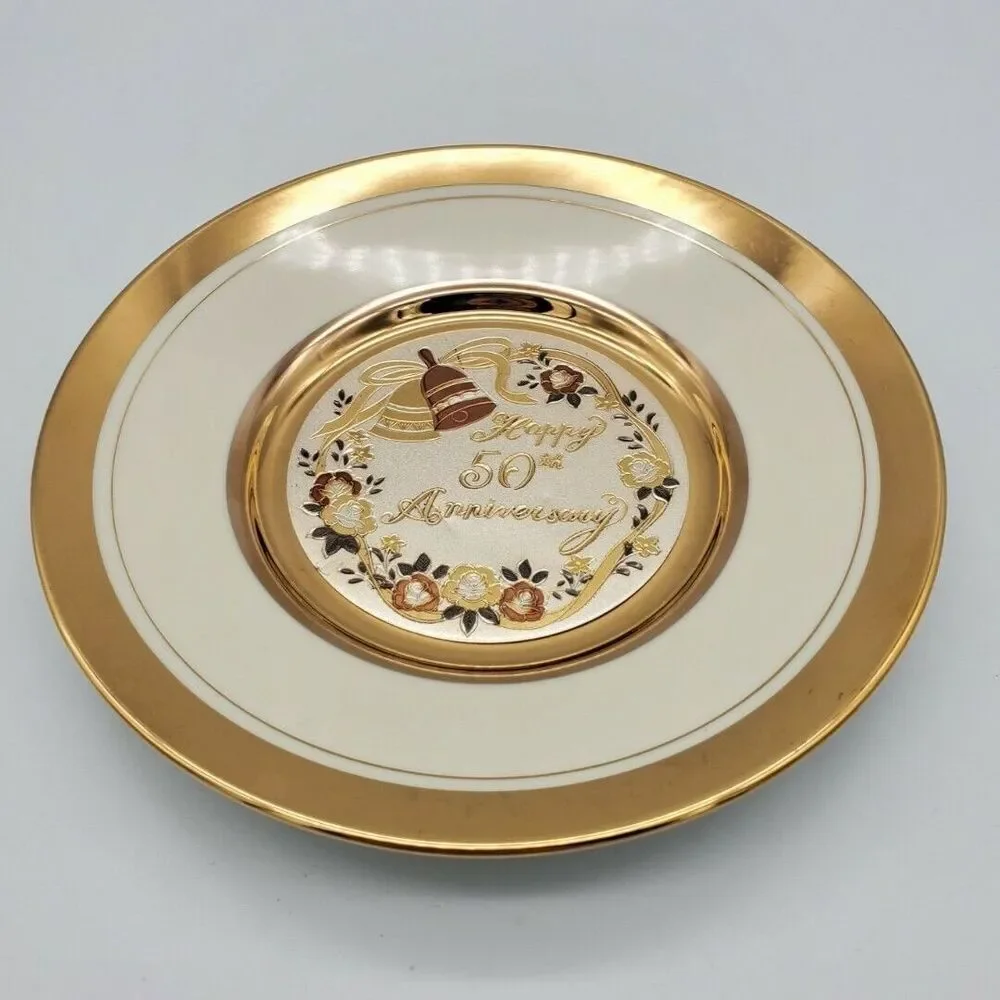 Dynasty Gallery Chokin Art Happy 50th Anniversary Plate 24KT Gold Rim
